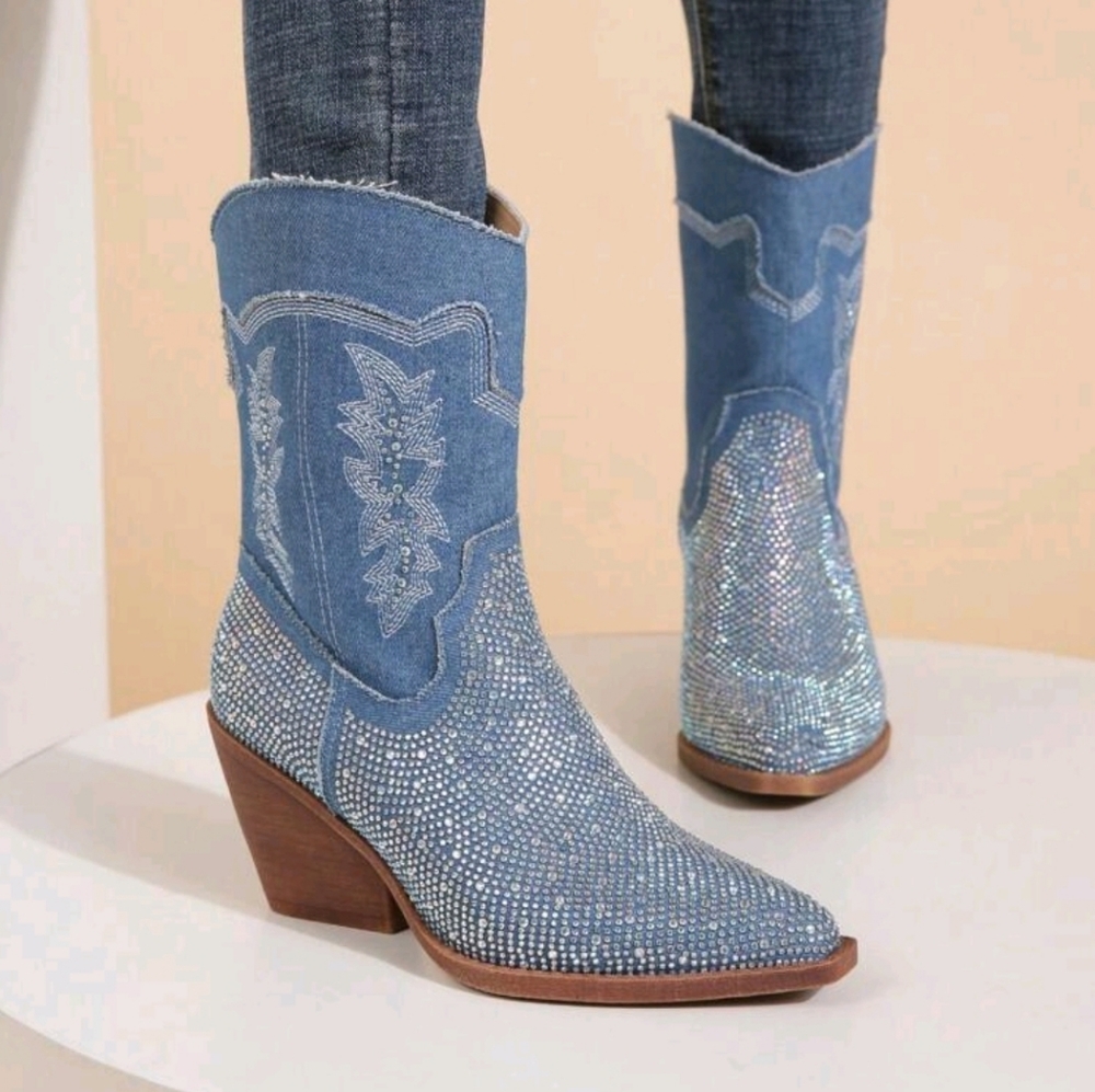 Denim rhinestone boots